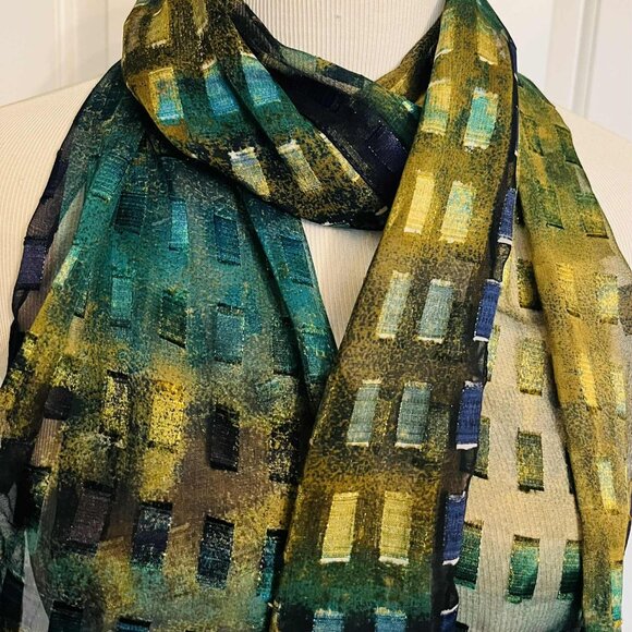 Vintage Modernist Geometric Scarf — Blue, Green & Gold Pattern - Picture 14 of 16